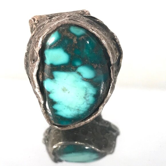 Huge Turquoise Gemstone Sterling Silver Handmade Size 8 Ring Hammered Chunky 925 - Picture 8 of 11